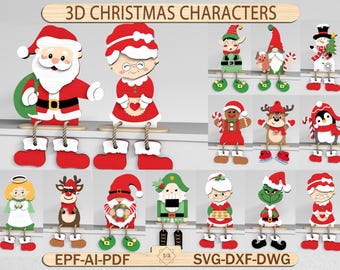 3D Christmas Characters SVG , Santa Elf Reindeer Gnome Snowman Laser Cut Files, Holiday Shelf Sitters, Xmas Decor Glowforge SVG