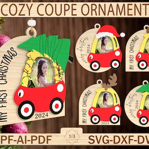 May include: A set of five wooden ornaments shaped like a red car with a Christmas tree on top. The ornaments are decorated with the text "My First Christmas" and the year "2024".