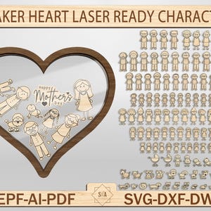 May include: A brown wooden heart-shaped frame with a clear window showing a variety of laser-cut characters, including people, animals, and a heart with the text "Happy Mother's Day". The frame is surrounded by a brown wooden border and the text "SHAKER HEART LASER READY CHARACTERS" is at the top of the image. The text "EPF-AI-PDF" is at the bottom left of the image and the text "SVG-DXF-DWG" is at the bottom right of the image.
