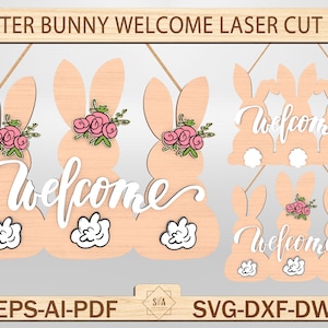Easter Bunny Welcome Sign Laser Cutfile Svg, Easter Door Hanger Svg, Easter Decoration Laser ,Easter Glowforge Svg, Files For Cricut