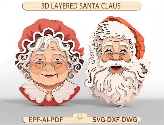 3D Layered Santa Claus SVG Laser Cut File, Mrs. Claus 3D Layered, Christmas Wood Mandala Glowforge