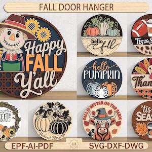 Fall Door Hanger SVG Bundle, Thanksgiving Pumpkin Scarecrow Turkey Laser Cut,Fall Door Hanger SVG, Hello Fall SVG, Glowforge Laser Cut Files