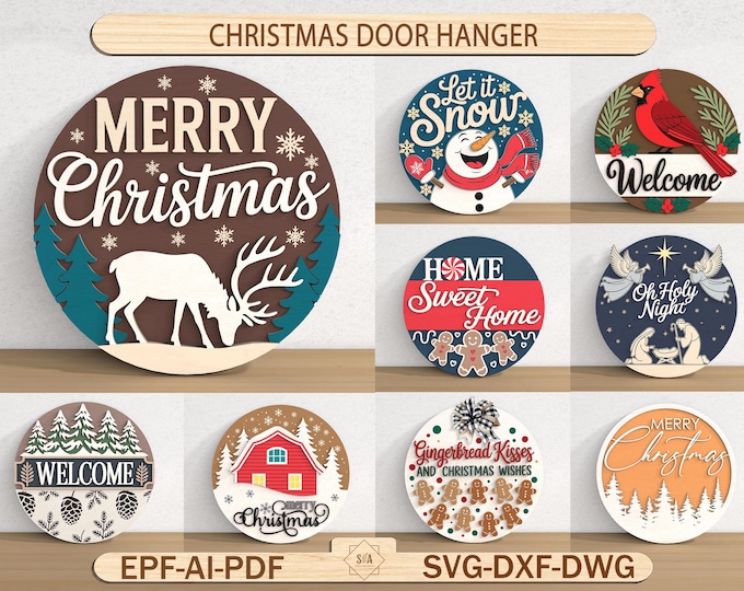 Merry Christmas Door Hanger SVG, Round Wooden Holiday Sign Laser Cut ...