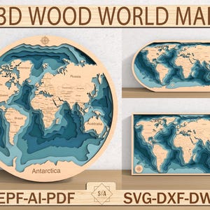 Könnte beinhalten: Eine 3D-Holz-Weltkarte mit geschichteten blauen Meerestiefen und hellen Holzkontinenten. Das Set enthält eine kreisförmige, eine ovale und eine rechteckige Karte mit Ländernamen. Text: 3D WOOD WORLD MAP EPF-AI-PDF SVG-DXF-DWG.