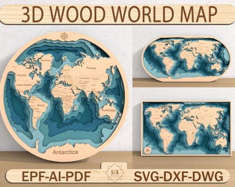 May include: A 3D wood world map featuring layered blue ocean depths and light wood continents. The display includes a circular map, an oval map, and a rectangular map, all labeled with country names. Text reads 3D WOOD WORLD MAP EPF-AI-PDF SVG-DXF-DWG.