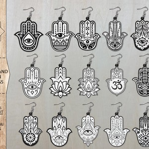Pacchetto orecchini disegnati a mano Hamsa SVG, orecchini fiore di loto SVG, file Glowforge, orecchini Yin-Yang, orecchini Mano di Fatima