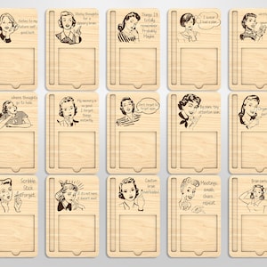 May include: A set of 12 wooden notepads with a retro design featuring a woman in a vintage dress and a humorous quote. Each notepad has a blank space for writing notes.