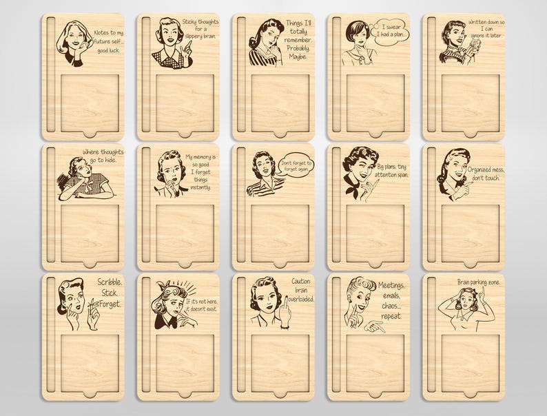 May include: A set of 12 wooden notepads with a retro design featuring a woman in a vintage dress and a humorous quote. Each notepad has a blank space for writing notes.