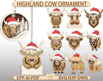 Highland Cow Ornament, Christmas Cow, Farm Animal Bauble Highland Cow Christmas ,SVG Bundle, Santa Hat Cow Ornament Glowforge Laser Cut File