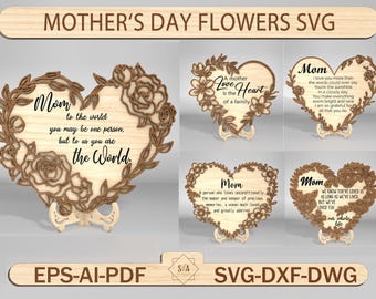 Muttertagsblumen-Herzform-Svg, Muttertagsgeschenk-Svg, Geschenk für Mutter, Mutter-Tag-Dekor-Svg, Muttergeschenk Laser geschnitten, SVG Laser-bereite Schnittdatei
