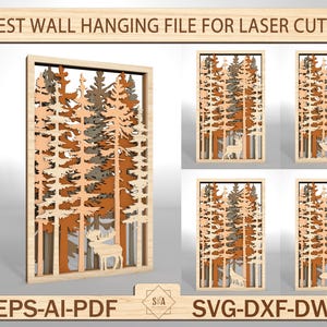 Peut inclure: Fichier de découpe laser pour une suspension murale représentant une scène de forêt avec des arbres et un cerf. Le fichier est disponible aux formats EPS, AI, PDF, SVG, DXF et DWG.