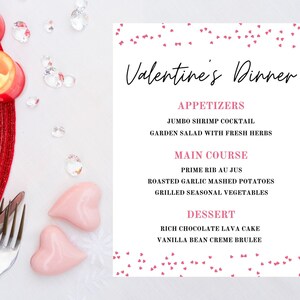 Menu Jantar dos Namorados | Cartão editável do menu do dia dos namorados | Download instantâneo do menu de jantar com corações rosa e vermelhos