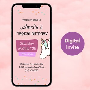 Geburtstag Einhorn Einladung | Einhorn Thema Geburtstagsparty Einladungen | Mädchen Magisches Digitales Einhorn lädt für Telefon ein