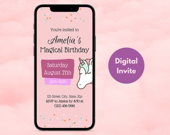Verjaardag Eenhoorn uitnodiging | Uitnodigingen voor een verjaardagsfeestje met eenhoornthema | Meisjes magische digitale eenhoorn nodigt uit voor telefoon