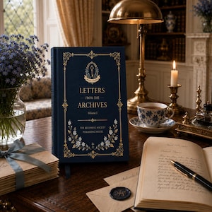 May include: A dark blue hardcover book titled Letters from the Archives Volume I with gold foil filigree and floral accents on the cover. The book is displayed alongside a stack of tied envelopes, an open journal, and a black fountain pen.