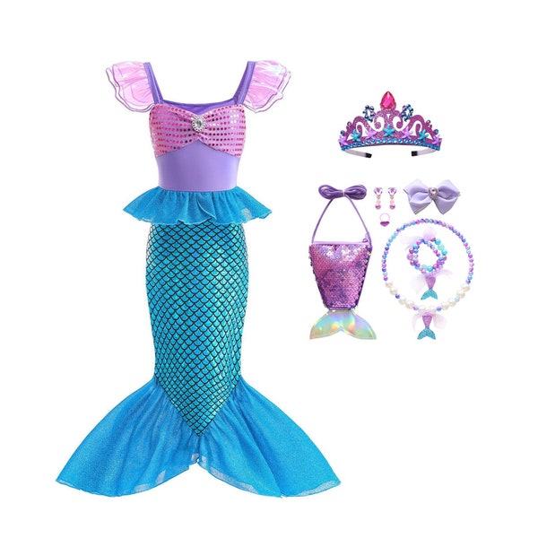 Niñas disfraz de sirenita niños cumpleaños Halloween princesa niña vestido niños verano Ariel fiesta ropa y lindo accesorio ostentoso