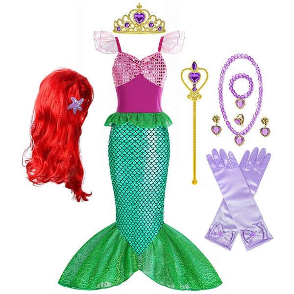 Disfraz de sirena para niña, vestido de princesa con accesorios, fiesta de princesa de la sirenita Ariel bajo el mar, regalo de cumpleaños para niña