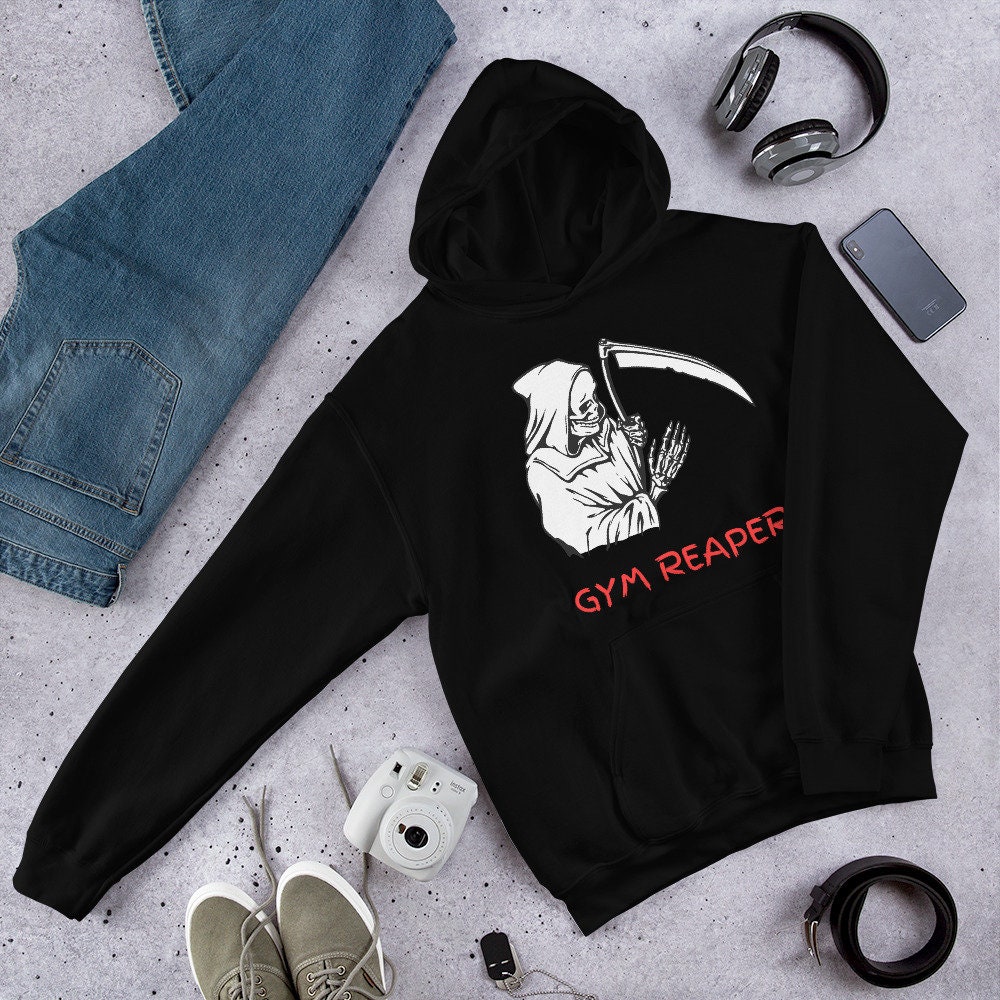 Cool Black Gym Hoodie, Grim Reaper Hoodie, Gym Wear, Grahic Design  Pullover, Gift for Him, Trendy Hoodie 