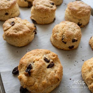 May include: A collection of golden-brown, round raisin scones arranged on parchment paper. Each scone features a textured, baked surface with visible dark raisins embedded throughout. The bottom right corner displays the text Christian Joy Studio.