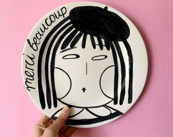 Merci Beaucoup Plate | Handmade Ceramic Plate Wall Decor, Unique Serving Plate, Cute Aesthetic Tableware