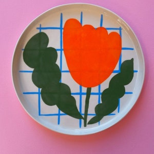 Handmade Red Tulip Ceramic Plate: Unique Wall Decor, Serving Plate
