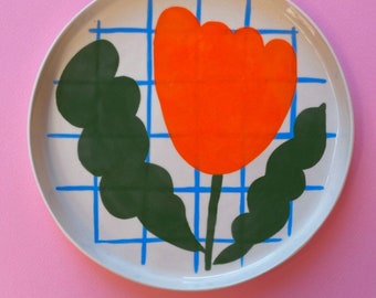 Red Tulip Plate / Girl / Handmade Ceramic Plate, Cool Wall Plate, Unique Serving Plate, Cute Plate
