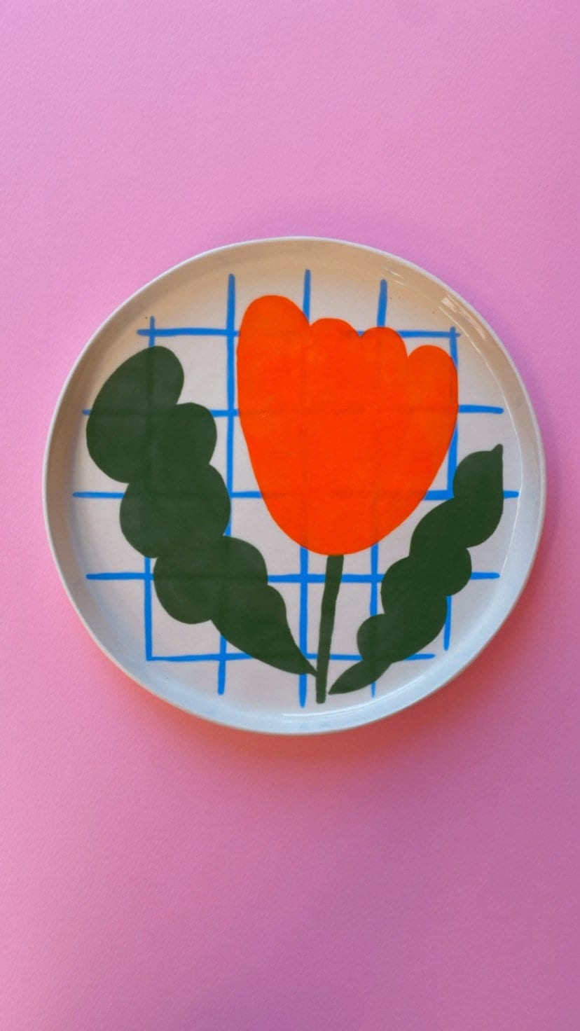 Red Tulip Plate / Girl / Handmade Ceramic Plate, Cool Wall Plate, Unique Serving Plate, Cute Plate
