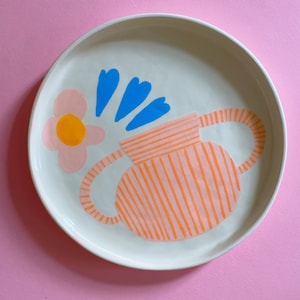 Pink Vase Stoneware Plate | Handmade Glazed Ceramic Serving Plate, Hand Painted Aesthetic Kitchenware
