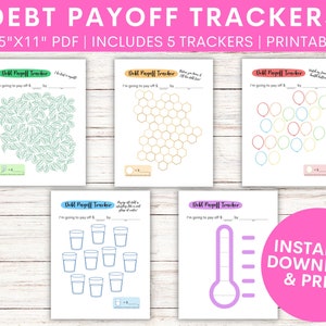 May include: Five printable debt payoff trackers in a PDF format. Each tracker features a different design: leaves, honeycomb, balloons, glasses, and a thermometer. The trackers are 8.5 inches by 11 inches.