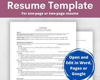 Resume Template | CV Template | Word | Google Docs | Apple Pages | Modern Resume | Executive Resume