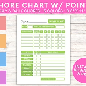 Kids Chore Chart with Point System | Children&#39;s Allowance Tracker Printable | Downloadable | Daily & Weekly Routine Chart