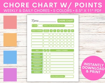 Kids Chore Chart with Point System | Children's Allowance Tracker Printable | Downloadable | Daily & Weekly Routine Chart