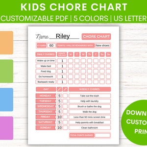 Customizable Kids Chore Chart with Point System | Fillable, Editable Children&#39;s Allowance Tracker Printable | Daily & Weekly