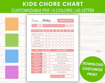Customizable Kids Chore Chart with Point System | Fillable, Editable Children's Allowance Tracker Printable | Daily & Weekly