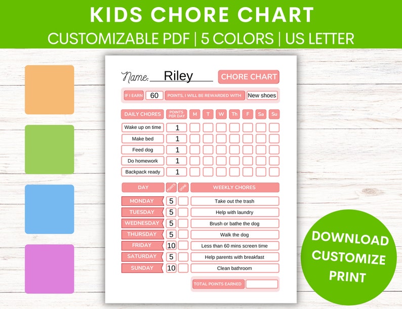 Customizable Kids Chore Chart With Point System | Fillable, Editable ...