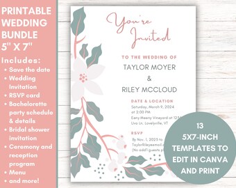 Wedding Stationary Printable Bundle | Customize in Canva | 5" x 7" | Wedding Details Cards and Program | Bachelorette | Minimalist | Floral