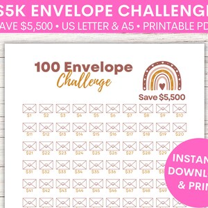 Desafio 5k 100 Envelopes com Boho Design | Rastreador de economia de 5,5 mil ou 5.500 dólares | Minimalista | Baixar PDF | Carta dos EUA e A5 | Rastreador