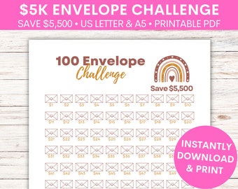 5k 100 Envelope Challenge with Boho Design | 5.5k or 5,500 Dollar Savings Tracker | Minimalist | PDF Download | US Letter & A5 | Tracker