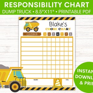 May include: A printable chore chart featuring a yellow dump truck with a black and yellow striped background. The chart is titled "Blake's Chore Chart" and includes a space for listing chores, days of the week, rewards, and a total. The chart is 8.5 inches by 11 inches.