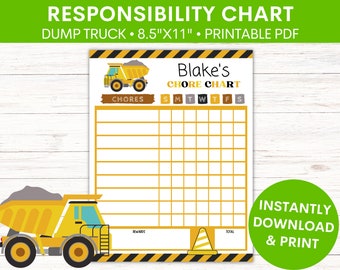 Dump Truck Kids Reward Chart | Children's Reward Chart | Toddlers Good Behavior Chart | Printable | Downloadable | For Girls or Boys