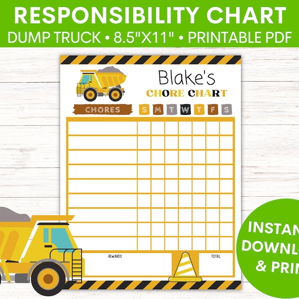 Dump Truck Kids Reward Chart | Children's Reward Chart | Toddlers Good Behavior Chart | Printable | Downloadable | For Girls or Boys