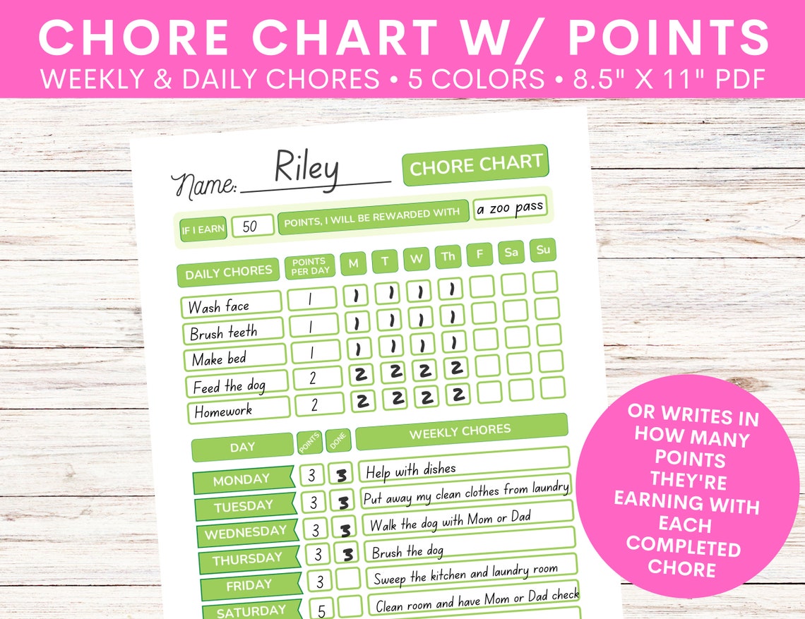 Chore Point System Kids Chore Chart With Point System | Children's Allowance Tracker ...