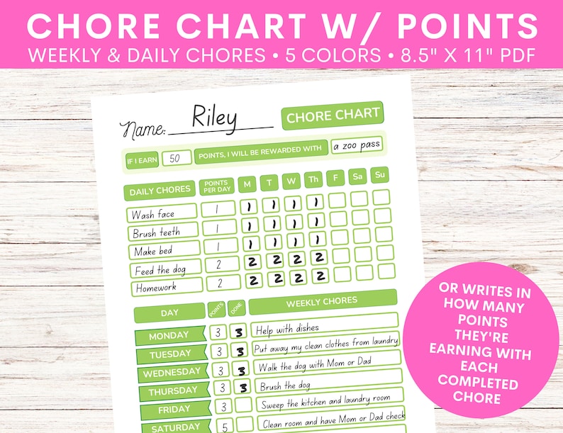 Kids Chore Chart With Point System | Children's Allowance Tracker ...