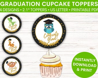 Graduation Cupcake Toppers Printable | Sloth Giraffe Dinosaur Owl Cupcake Cards | 2.1" Toppers | 8.5"X11" PDF | Instantly Download