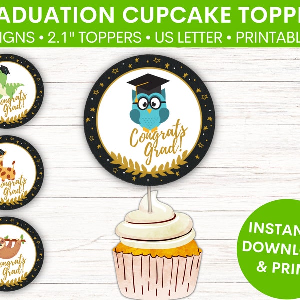 Graduation Cupcake Toppers Printable | Sloth Giraffe Dinosaur Owl Cupcake Cards | 2.1" Toppers | 8.5"X11" PDF | Instantly Download