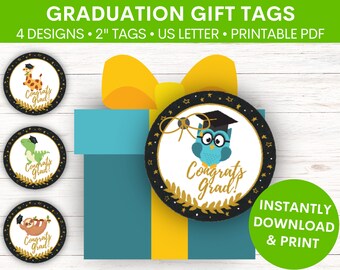 Graduation Gift Tags | Sloth Giraffe Owl Dinosaur High School or College Gift Tags for Grad Party | For Boys & Girls | Printable PDF