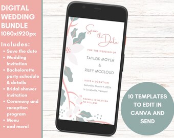 Digital Wedding Stationary Bundle | Customize in Canva | 1080 x 1920 pixels | Details Cards & Program | Bachelorette | Minimalist | Floral