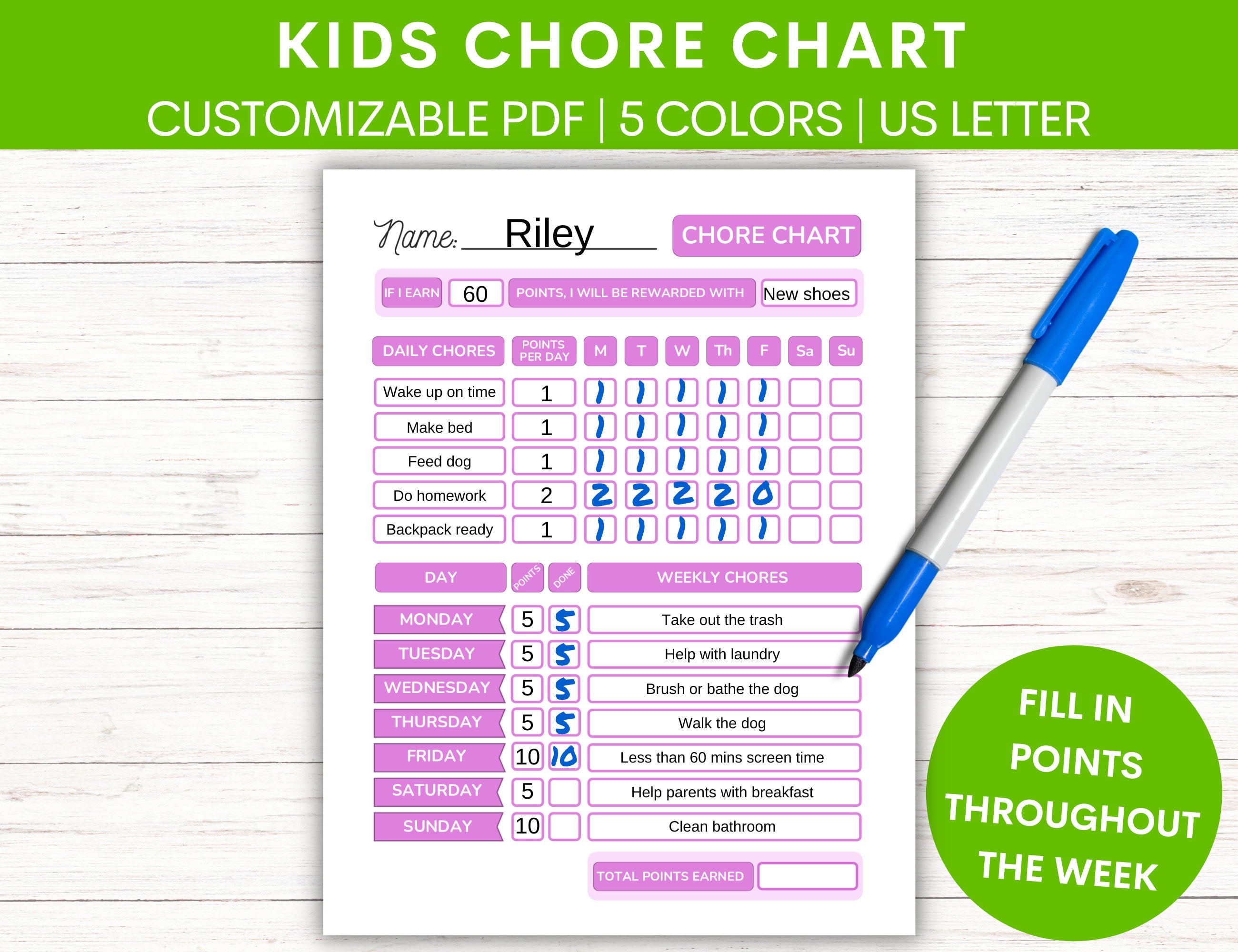 Customizable Kids Chore Chart With Point System | Fillable, Editable ...