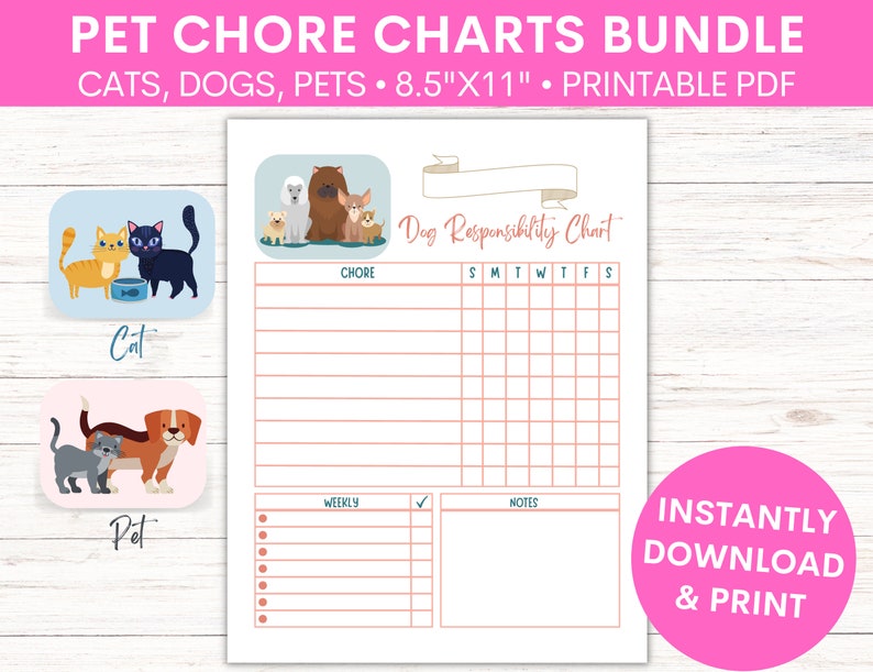 Pet Responsibility Chart for Kids Children and Teens Dog and Cat Chore
