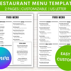 Könnte beinhalten: Eine schwarz-weiße Restaurant-Menüvorlage mit dem Text "RESTAURANT MENU TEMPLATE" oben. Das Menü ist in Abschnitte für Vorspeisen, Hauptgerichte, Desserts, Pasta, kleine Teller und Getränke unterteilt. Das Menü ist anpassbar und kann für jede Art von Restaurant verwendet werden.